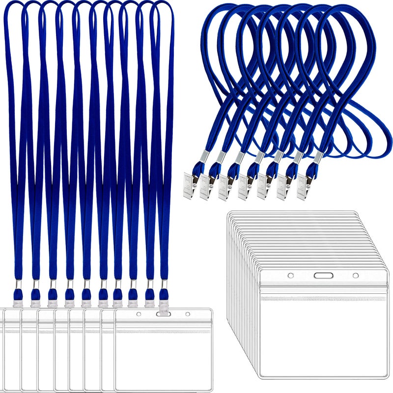 LOCONHA 100Pcs Clear Plastic Horizontal Name Tags Badge ID Card Holders and 100Pcs Lanyards with Clip (Blue) - Image 1